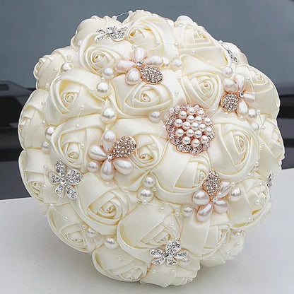 Ivory Rose Bride Wedding Bouquets Pearl Jewelry Brooch Bouquet Flowers 18Cm - WORLD TIME VISITS