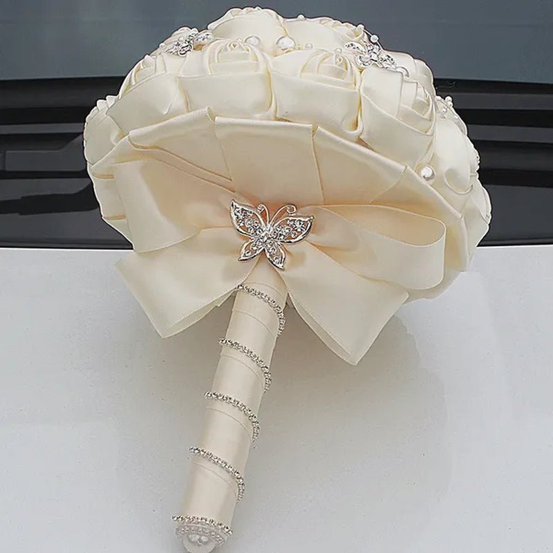 Ivory Rose Bride Wedding Bouquets Pearl Jewelry Brooch Bouquet Flowers 18Cm