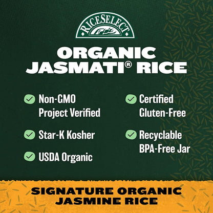 Jasmati Organic Rice, Long-Grain Organic Jasmine Rice, Premium Gluten-Free Rice, Non-Gmo, 32-Ounce Jar