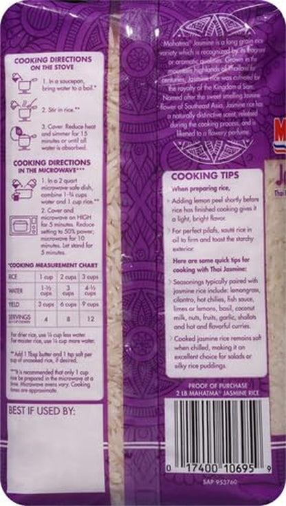 Jasmine Rice, 2Lb Bag of Rice, Thai, Indian, or Cambodian Fragrant Flavored Rice, Stovetop or Microwave Rice - WORLD TIME VISITS