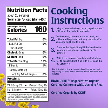 Jasmine Rice, Regenerative Organic Certified – Non-Sticky, Aromatic Long-Grain White Rice, Responsibly Grown in California, 32 Oz