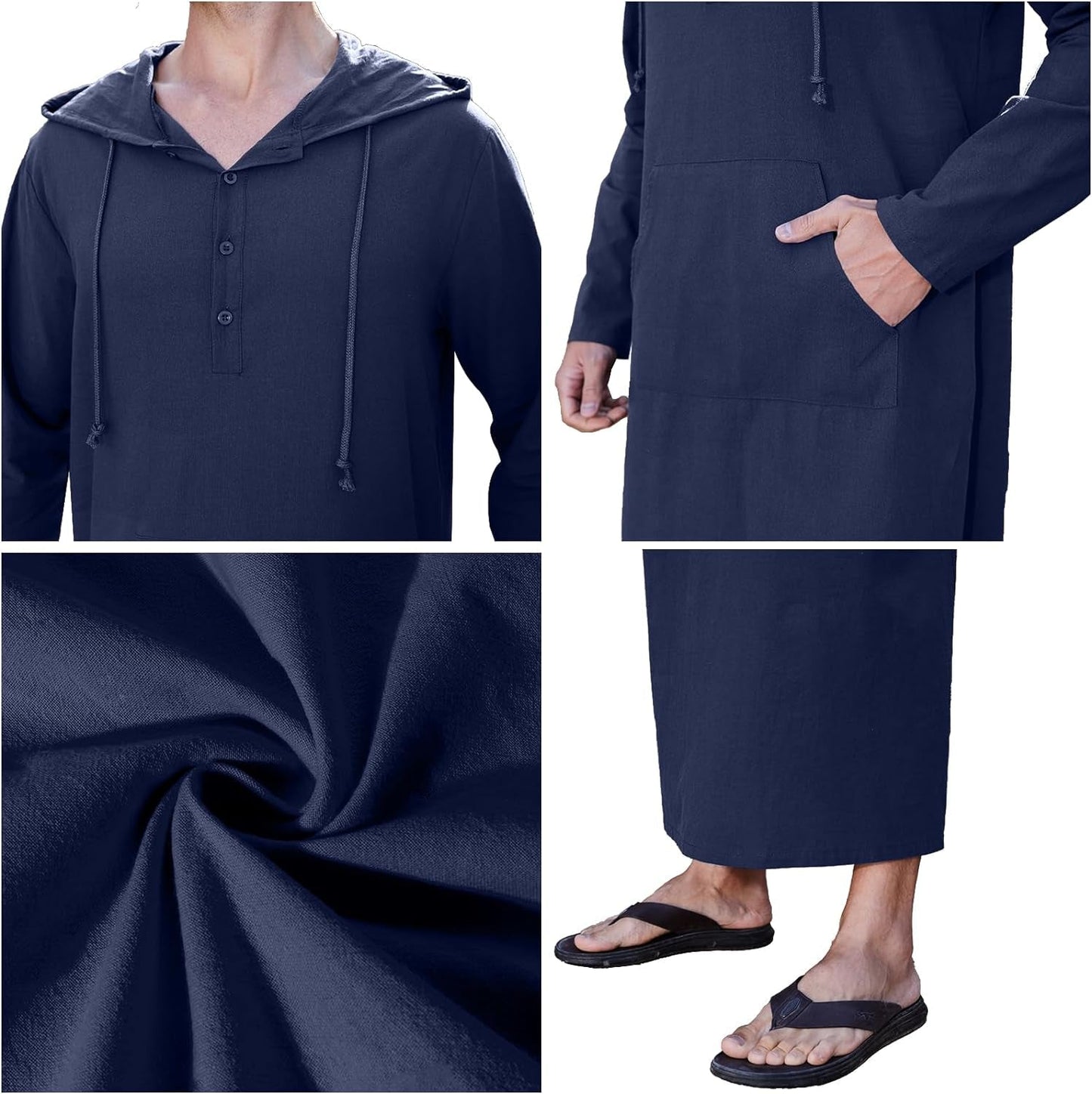 Kaftan for Men Long Sleeve Muslim Thobe for Men Big and Tall Kaftan with Hoodie
