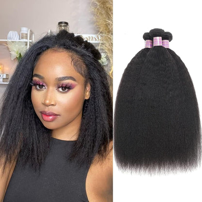 Kinky Straight Human Hair 3Bundles Natural Black Yaki Straigh Brazilian Virgin Remy Hair Grade 10A 100% Unprocessed Kinky Straight Human Hair Extensions (8 10 12 Inch, 3 Bundles) - WORLD TIME VISITS