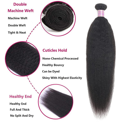 Kinky Straight Human Hair 3Bundles Natural Black Yaki Straigh Brazilian Virgin Remy Hair Grade 10A 100% Unprocessed Kinky Straight Human Hair Extensions (8 10 12 Inch, 3 Bundles) - WORLD TIME VISITS