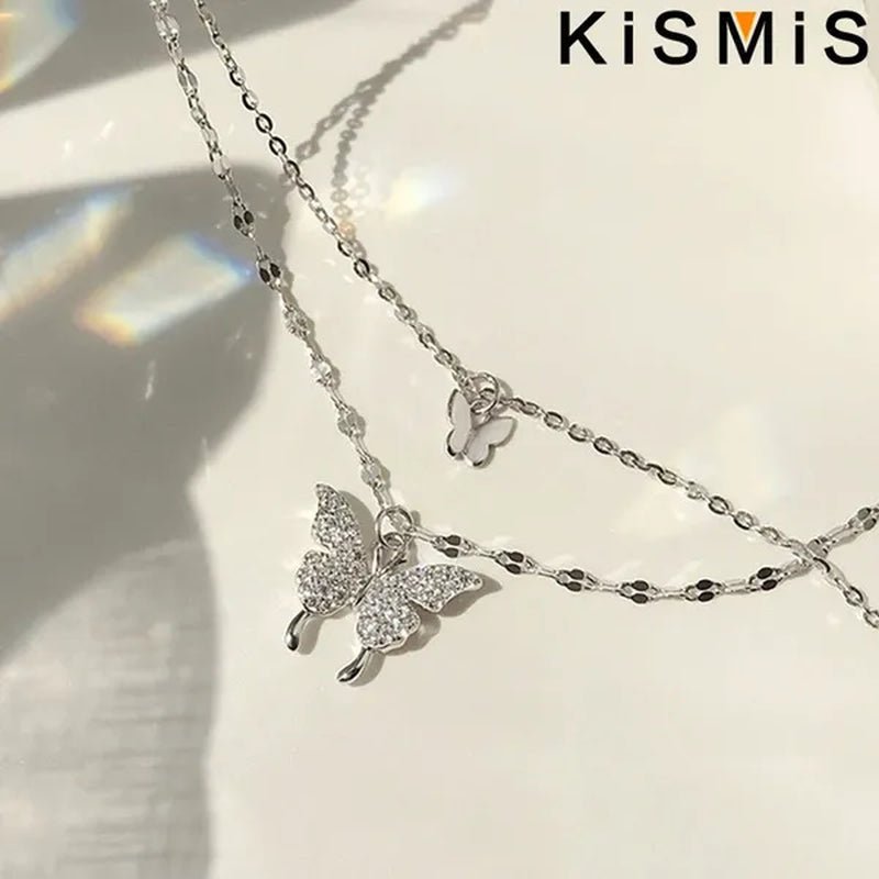 KISMIS 1 Pc/2 Pcs Exquisite and Creative Women's Diamond Necklace Butterfly Double Layer Necklace Shiny Diamond Ladies Clavicle Chain Elegant Charm Wedding Pendant Jewelry