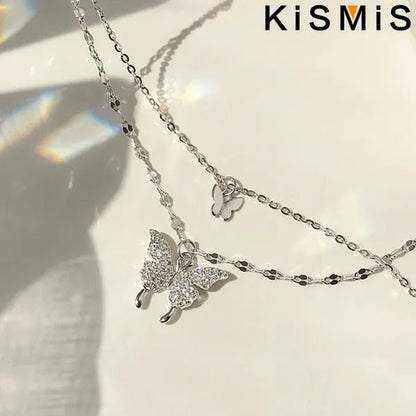 KISMIS 1 Pc/2 Pcs Exquisite and Creative Women's Diamond Necklace Butterfly Double Layer Necklace Shiny Diamond Ladies Clavicle Chain Elegant Charm Wedding Pendant Jewelry