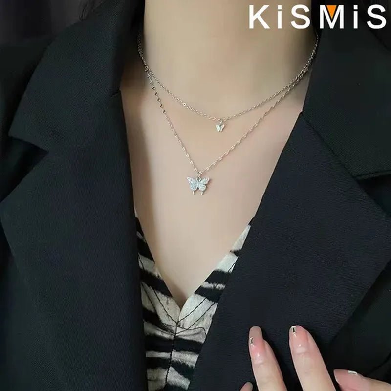 KISMIS 1 Pc/2 Pcs Exquisite and Creative Women's Diamond Necklace Butterfly Double Layer Necklace Shiny Diamond Ladies Clavicle Chain Elegant Charm Wedding Pendant Jewelry - WORLD TIME VISITS