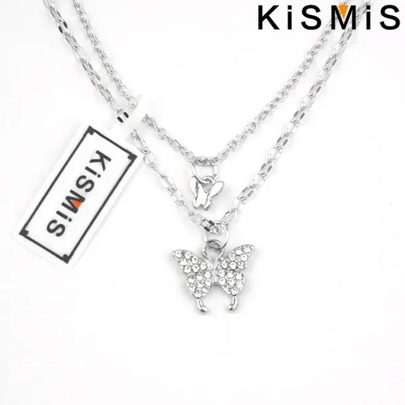 KISMIS 1 Pc/2 Pcs Exquisite and Creative Women's Diamond Necklace Butterfly Double Layer Necklace Shiny Diamond Ladies Clavicle Chain Elegant Charm Wedding Pendant Jewelry