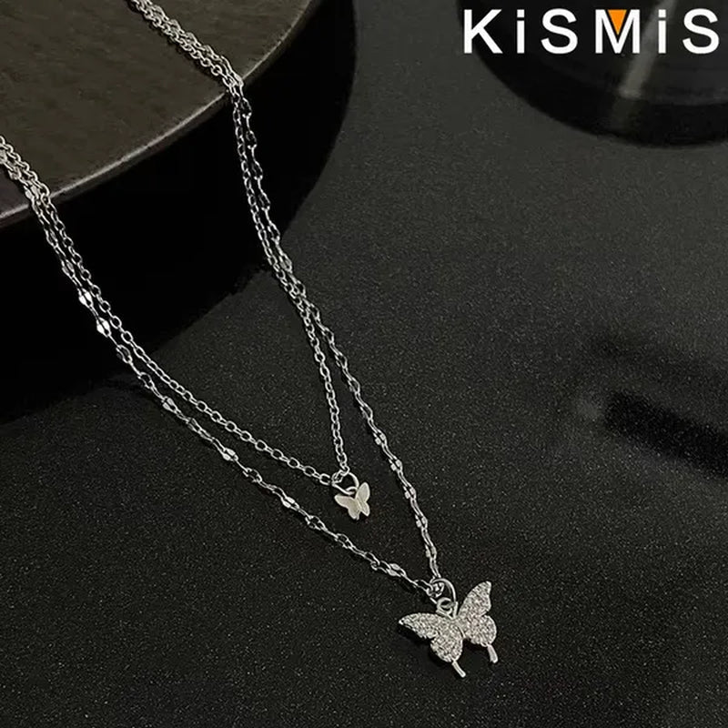 KISMIS 1 Pc/2 Pcs Exquisite and Creative Women's Diamond Necklace Butterfly Double Layer Necklace Shiny Diamond Ladies Clavicle Chain Elegant Charm Wedding Pendant Jewelry