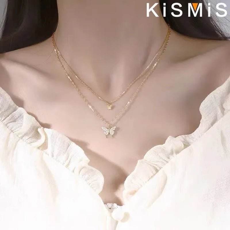 KISMIS 1 Pc/2 Pcs Exquisite and Creative Women's Diamond Necklace Butterfly Double Layer Necklace Shiny Diamond Ladies Clavicle Chain Elegant Charm Wedding Pendant Jewelry