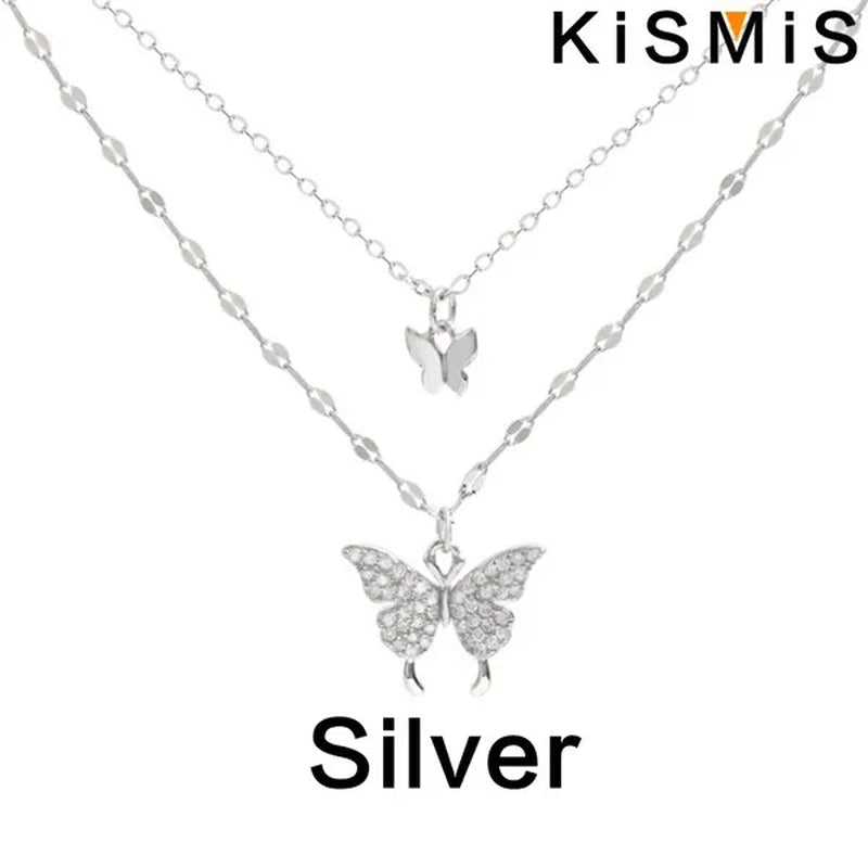 KISMIS 1 Pc/2 Pcs Exquisite and Creative Women's Diamond Necklace Butterfly Double Layer Necklace Shiny Diamond Ladies Clavicle Chain Elegant Charm Wedding Pendant Jewelry