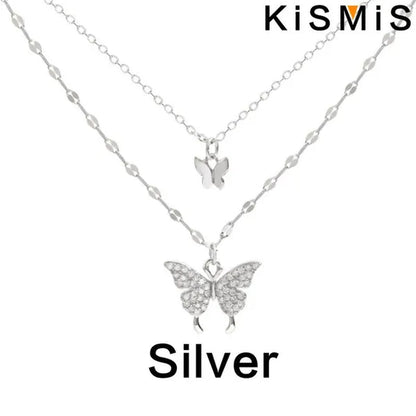 KISMIS 1 Pc/2 Pcs Exquisite and Creative Women's Diamond Necklace Butterfly Double Layer Necklace Shiny Diamond Ladies Clavicle Chain Elegant Charm Wedding Pendant Jewelry