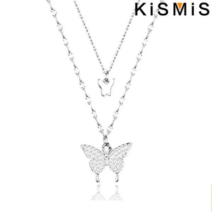 KISMIS 1 Pc/2 Pcs Exquisite and Creative Women's Diamond Necklace Butterfly Double Layer Necklace Shiny Diamond Ladies Clavicle Chain Elegant Charm Wedding Pendant Jewelry