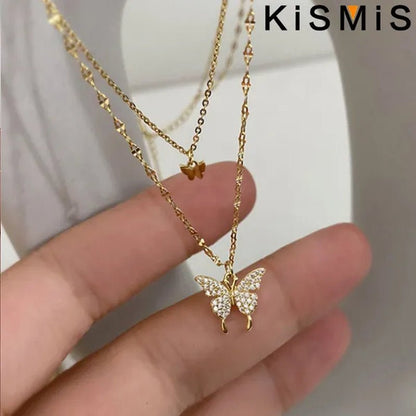 KISMIS 1 Pc/2 Pcs Exquisite and Creative Women's Diamond Necklace Butterfly Double Layer Necklace Shiny Diamond Ladies Clavicle Chain Elegant Charm Wedding Pendant Jewelry