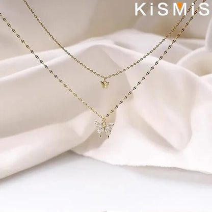 KISMIS 1 Pc/2 Pcs Exquisite and Creative Women's Diamond Necklace Butterfly Double Layer Necklace Shiny Diamond Ladies Clavicle Chain Elegant Charm Wedding Pendant Jewelry