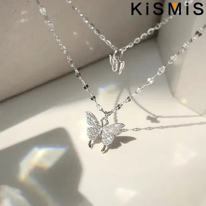 KISMIS 1 Pc/2 Pcs Exquisite and Creative Women's Diamond Necklace Butterfly Double Layer Necklace Shiny Diamond Ladies Clavicle Chain Elegant Charm Wedding Pendant Jewelry