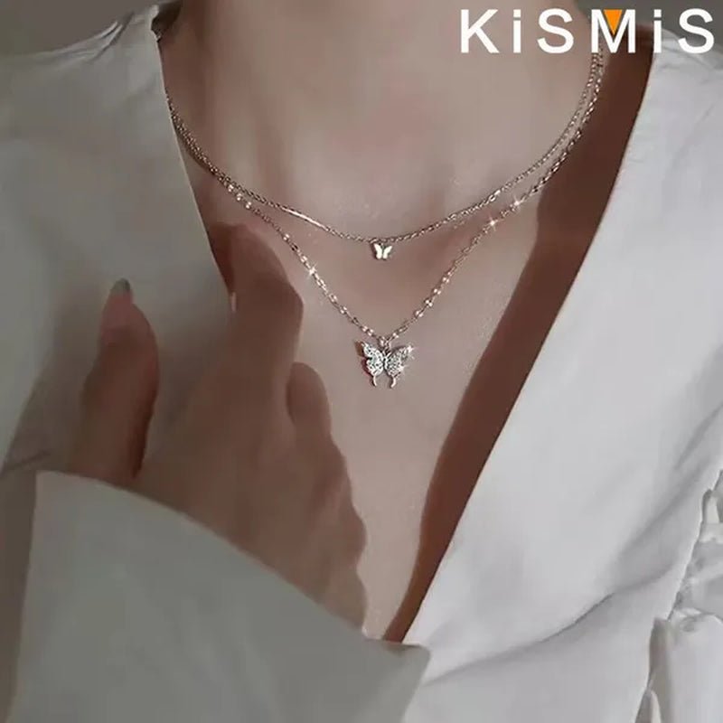 KISMIS 1 Pc/2 Pcs Exquisite and Creative Women's Diamond Necklace Butterfly Double Layer Necklace Shiny Diamond Ladies Clavicle Chain Elegant Charm Wedding Pendant Jewelry - WORLD TIME VISITS