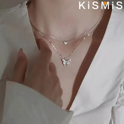 KISMIS 1 Pc/2 Pcs Exquisite and Creative Women's Diamond Necklace Butterfly Double Layer Necklace Shiny Diamond Ladies Clavicle Chain Elegant Charm Wedding Pendant Jewelry - WORLD TIME VISITS