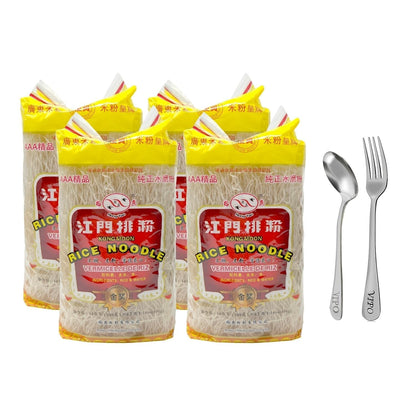 Kong Moon Mei Fun Rice Stick Noodles Rice Vermicelli Net WT: 14Oz Pack Comes with Free Vipo Brand Fork and Spoon (4 - Pack) - WORLD TIME VISITS
