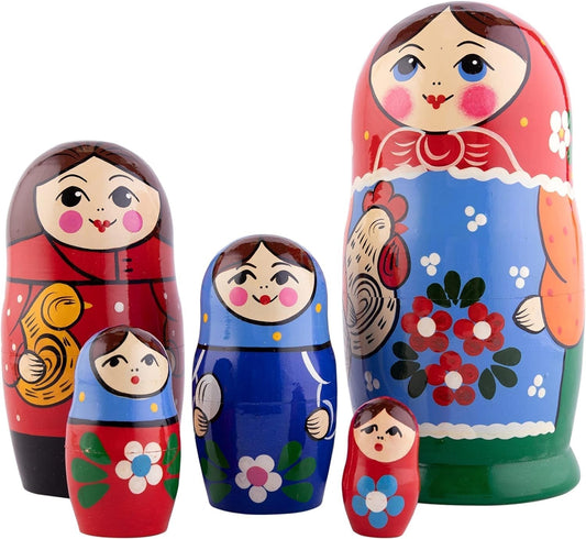 Kurochka Nesting Dolls | All Natural Wooden Matryoshka Doll Set of 5 (7 Inch) - Traditional Babushka Home Decor, Wooden Stacking Dolls, Vintage Handmade Shape - WORLD TIME VISITS