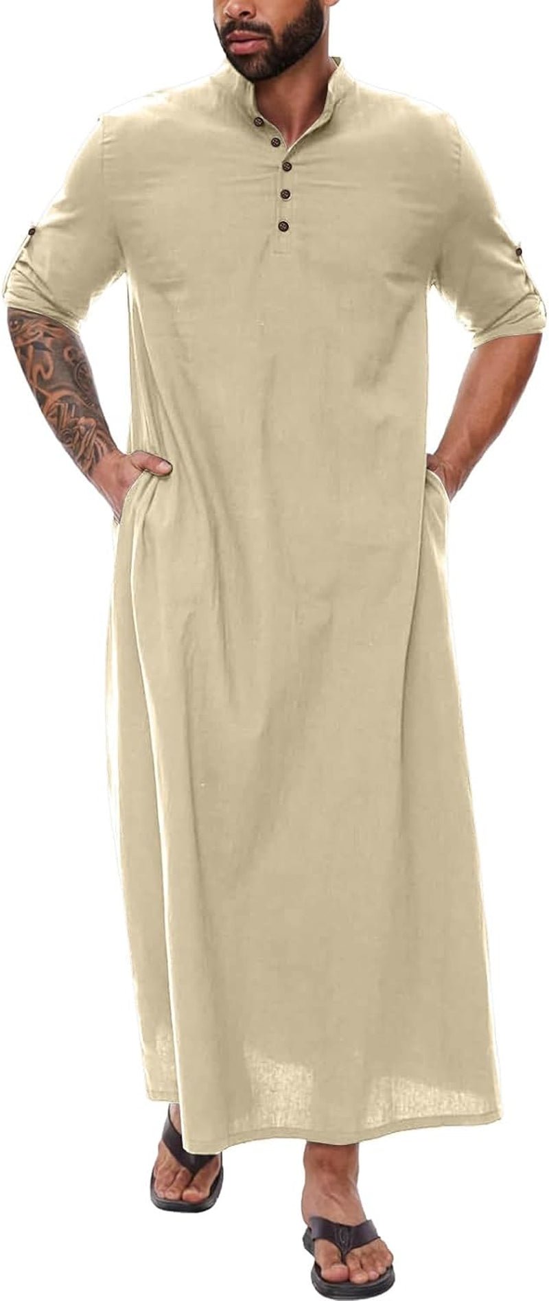Kurta Men Long Sleeve Kaftan Thobe Muslim Men Thobe Big and Tall Kaftan Men Thobe with Pocket - WORLD TIME VISITS