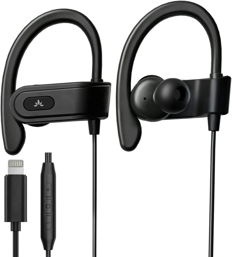 L171 - Lightning Wired Earbuds with Microphone & In - Line Volume Control, Compatible with Older Iphone 11, 12, 13, 14 Models, Mfi Certified Headphones with Ear Hook for Running & Sports - WORLD TIME VISITS