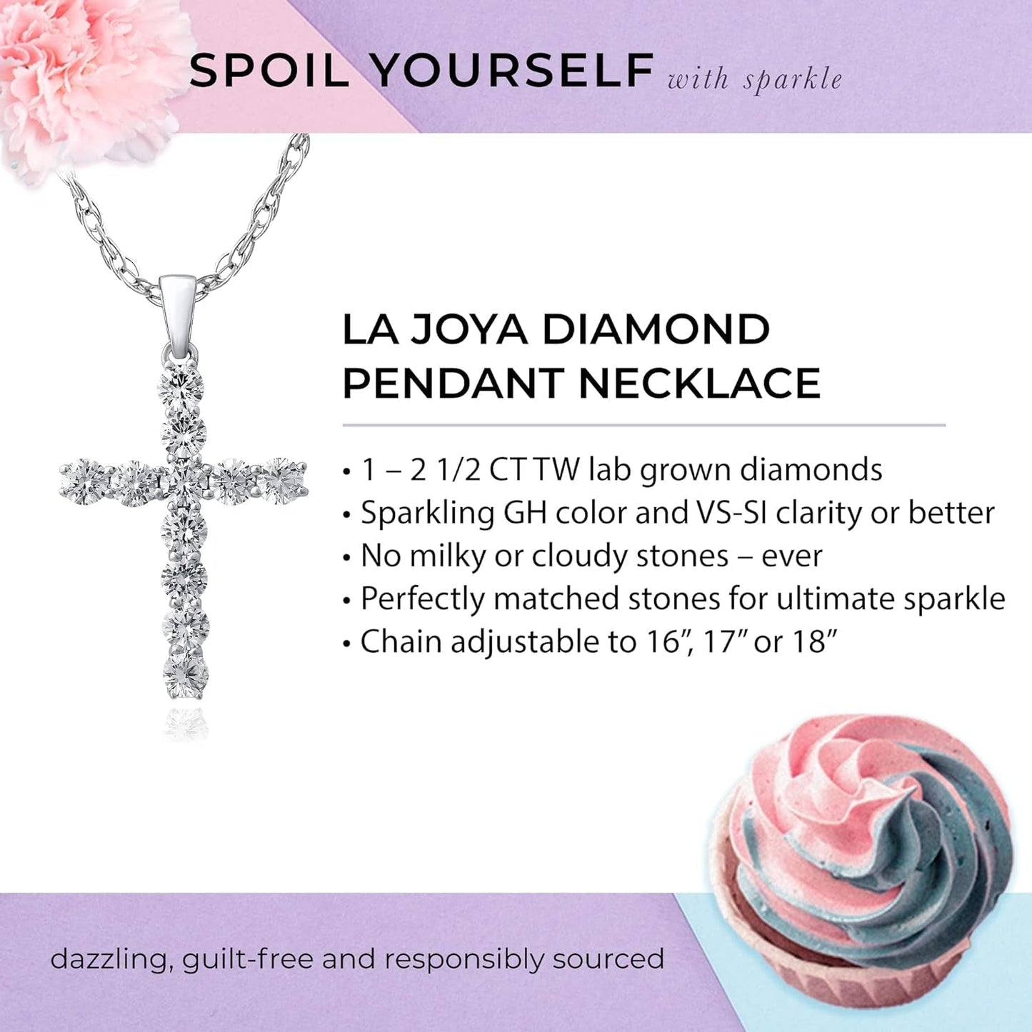 Lab Grown Diamond Cross Necklace for Women | 1/20-2 1/2 CT. TW. White Rhodium Plated 925 Sterling Silver Cross Diamond Pendant Necklace | Accompanied by an Adjustable Silver Chain