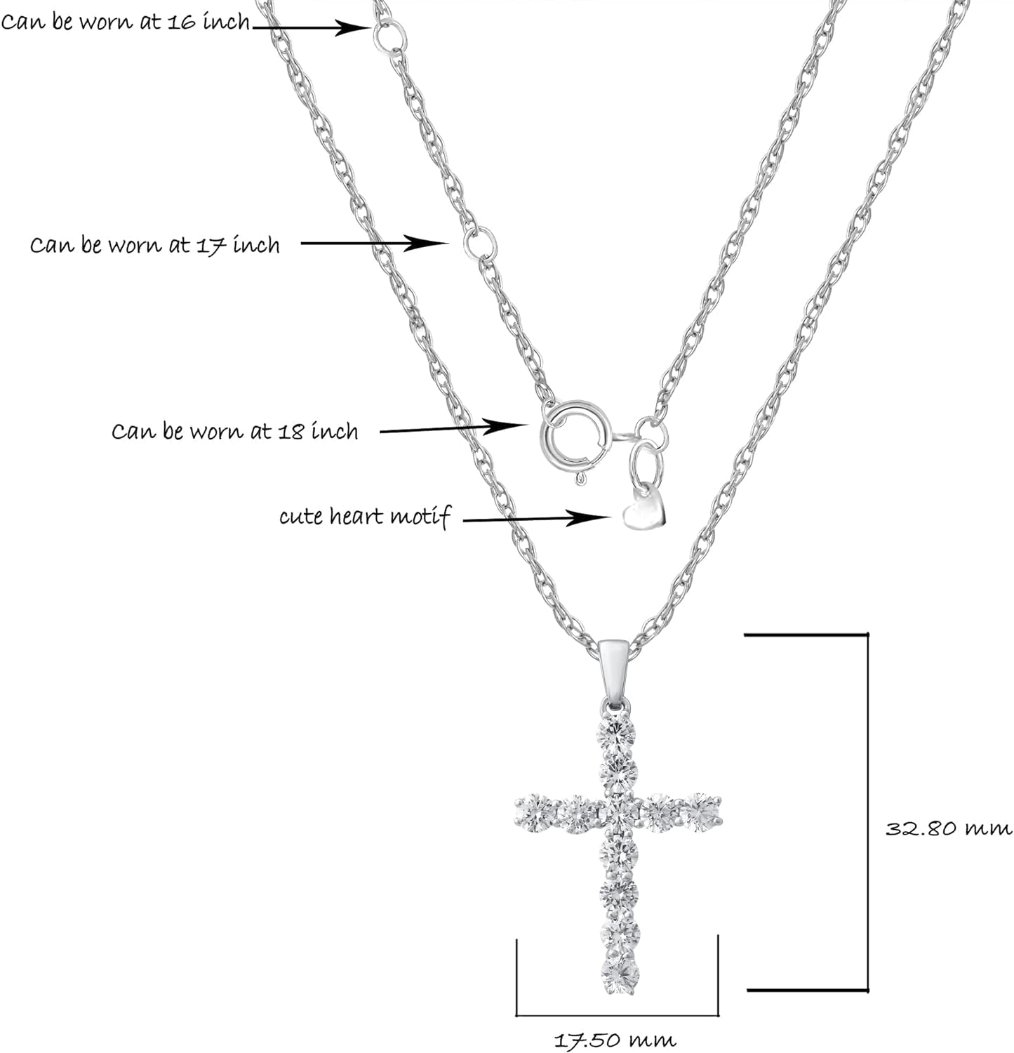 Lab Grown Diamond Cross Necklace for Women | 1/20 - 2 1/2 CT. TW. White Rhodium Plated 925 Sterling Silver Cross Diamond Pendant Necklace | Accompanied by an Adjustable Silver Chain - WORLD TIME VISITS