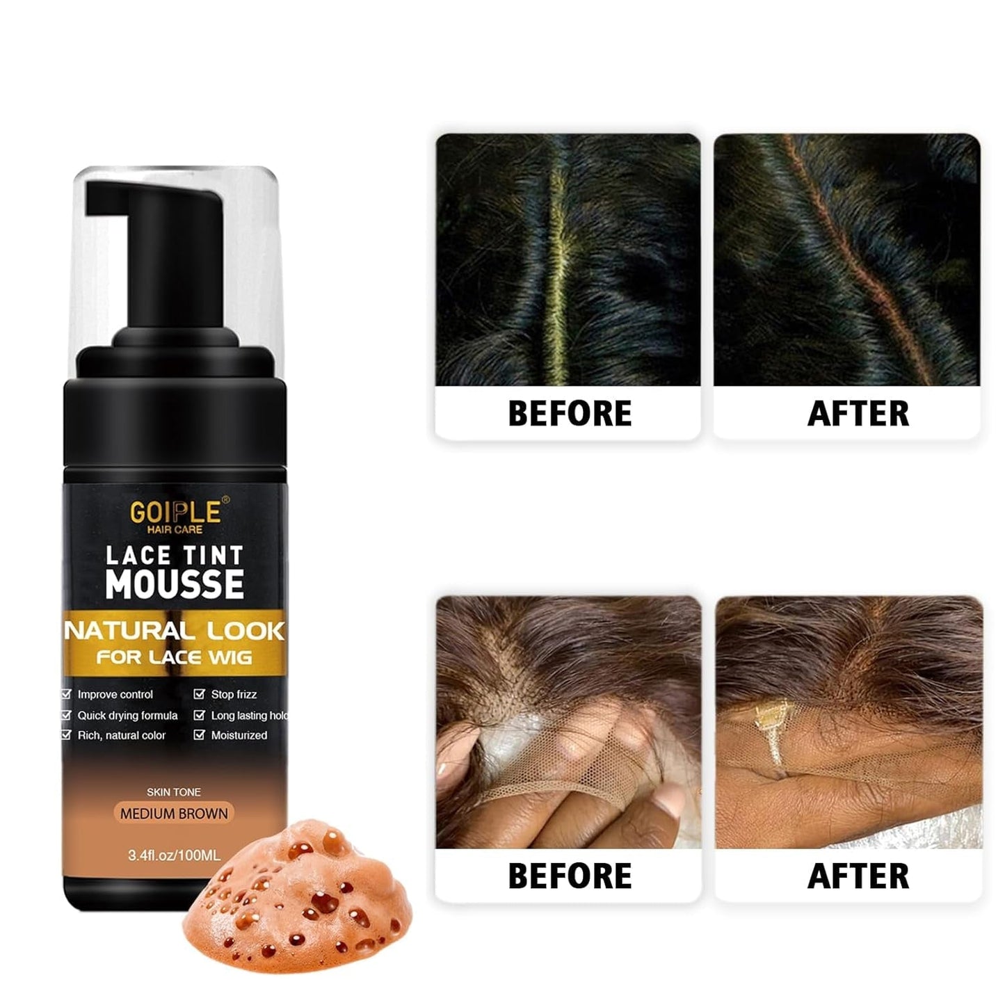 Lace Tint Hair Mousse for Women'S Wigs, Toupees, and Hairpieces - 3.4 Fl Oz Natural Finishing Color Foam Tint with Hair Wax Stick (Medium Brown)