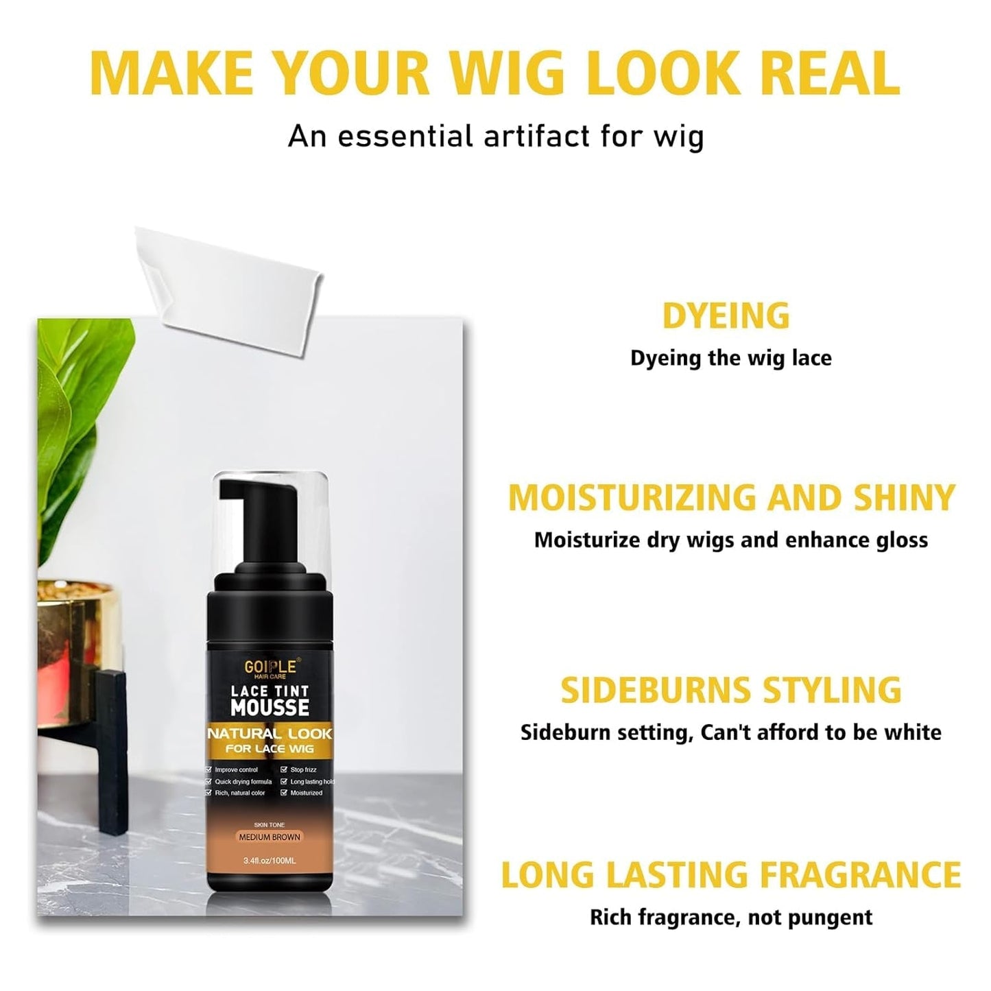 Lace Tint Hair Mousse for Women'S Wigs, Toupees, and Hairpieces - 3.4 Fl Oz Natural Finishing Color Foam Tint with Hair Wax Stick (Medium Brown)