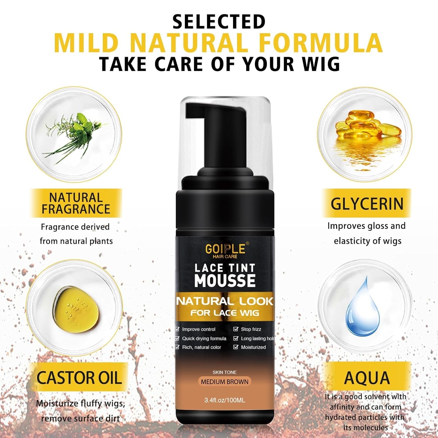 Lace Tint Hair Mousse for Women'S Wigs, Toupees, and Hairpieces - 3.4 Fl Oz Natural Finishing Color Foam Tint with Hair Wax Stick (Medium Brown) - WORLD TIME VISITS