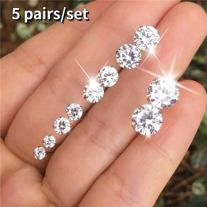 Ladies FashionSilver Stud Earrings, Ladies Earrings, Ladies Wedding Engagement Valentine's Day Jewelry Gifts (5 pairs/set)