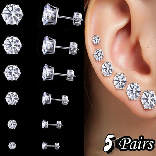 Ladies FashionSilver Stud Earrings, Ladies Earrings, Ladies Wedding Engagement Valentine's Day Jewelry Gifts (5 pairs/set) - WORLD TIME VISITS