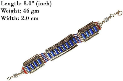 Lapis Lazuli & Coral Gemstone Handmade Tibetan Bracelet for Women & Men Oxidized 925 Silver Plated Unique Designer Boho Ethnic Gypsy Boho Bracelet Jewellery by Artisan