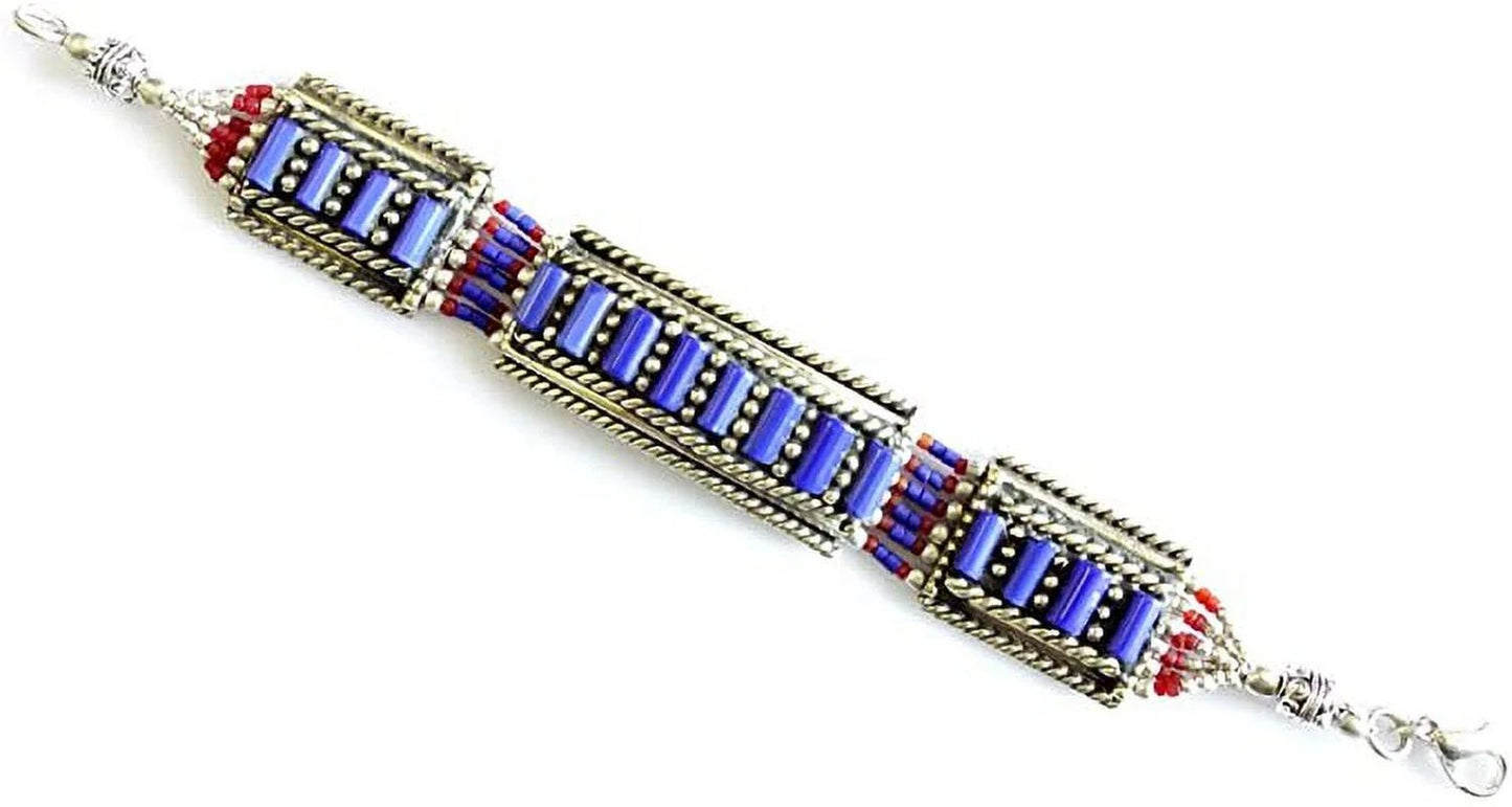 Lapis Lazuli & Coral Gemstone Handmade Tibetan Bracelet for Women & Men Oxidized 925 Silver Plated Unique Designer Boho Ethnic Gypsy Boho Bracelet Jewellery by Artisan