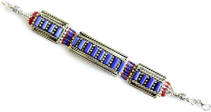 Lapis Lazuli & Coral Gemstone Handmade Tibetan Bracelet for Women & Men Oxidized 925 Silver Plated Unique Designer Boho Ethnic Gypsy Boho Bracelet Jewellery by Artisan