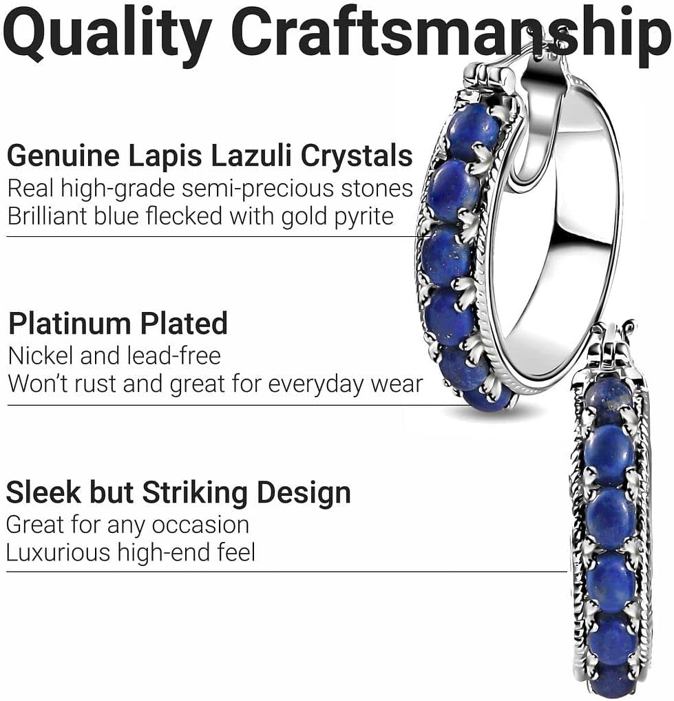 Lapis Lazuli Earrings for Women Trendy with Platinum Plated Hoop - Blue Earrings Costume Birthstone Jewelry Birthday Gifts for Women