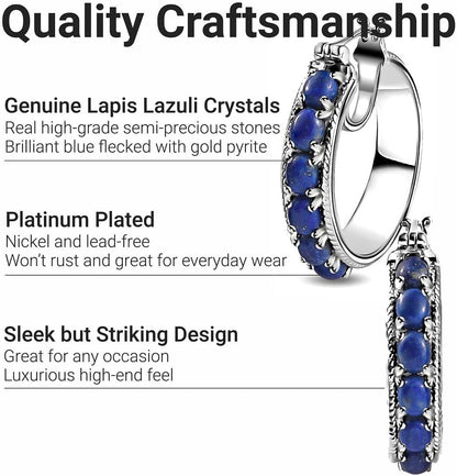 Lapis Lazuli Earrings for Women Trendy with Platinum Plated Hoop - Blue Earrings Costume Birthstone Jewelry Birthday Gifts for Women