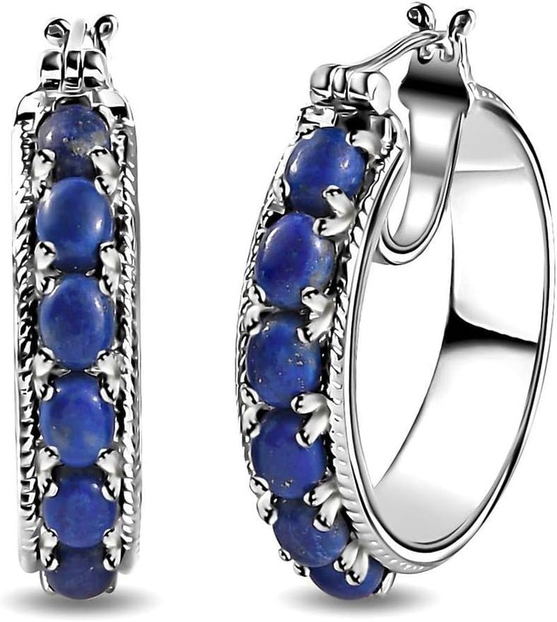 Lapis Lazuli Earrings for Women Trendy with Platinum Plated Hoop - Blue Earrings Costume Birthstone Jewelry Birthday Gifts for Women - WORLD TIME VISITS