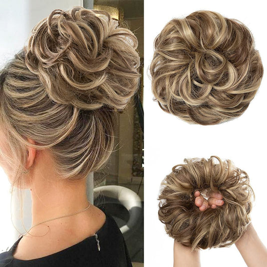 Large Messy Bun Hair Piece Wavy Curly Scrunchies Synthetic Chignon Ponytail Hair Extensions Thick Updo Hairpieces for Women Brunette/Ash Blonde - WORLD TIME VISITS