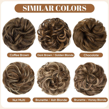 Large Messy Bun Hair Piece Wavy Curly Scrunchies Synthetic Chignon Ponytail Hair Extensions Thick Updo Hairpieces for Women Brunette/Ash Blonde