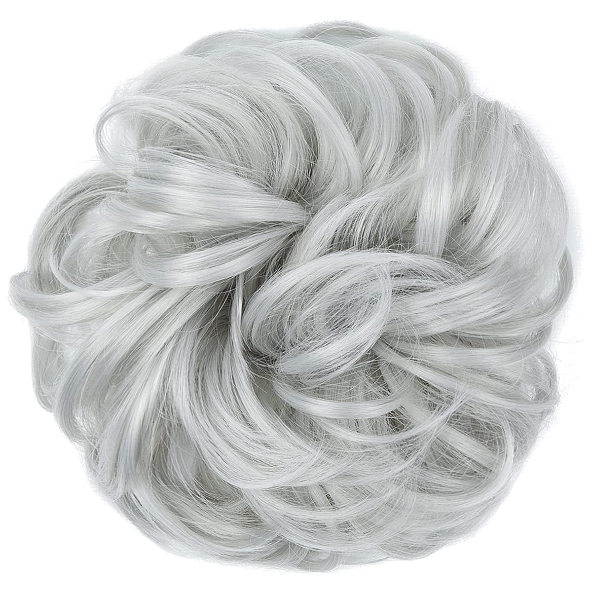 Large Messy Bun Hair Piece Wavy Curly Scrunchies Synthetic Chignon Ponytail Hair Extensions Thick Updo Hairpieces for Women Light Silver Grey