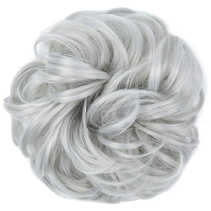 Large Messy Bun Hair Piece Wavy Curly Scrunchies Synthetic Chignon Ponytail Hair Extensions Thick Updo Hairpieces for Women Light Silver Grey