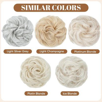Large Messy Bun Hair Piece Wavy Curly Scrunchies Synthetic Chignon Ponytail Hair Extensions Thick Updo Hairpieces for Women Light Silver Grey