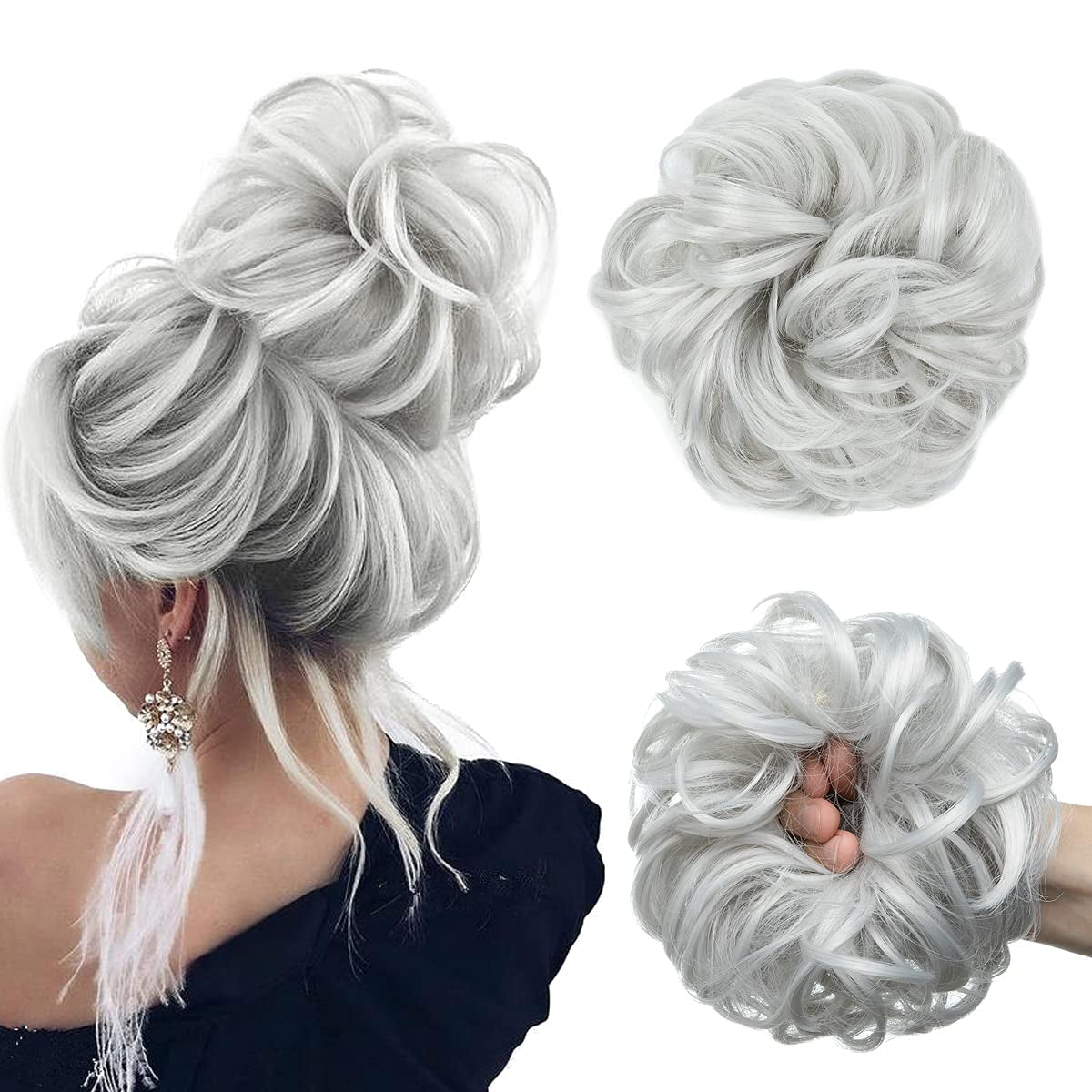 Large Messy Bun Hair Piece Wavy Curly Scrunchies Synthetic Chignon Ponytail Hair Extensions Thick Updo Hairpieces for Women Light Silver Grey - WORLD TIME VISITS