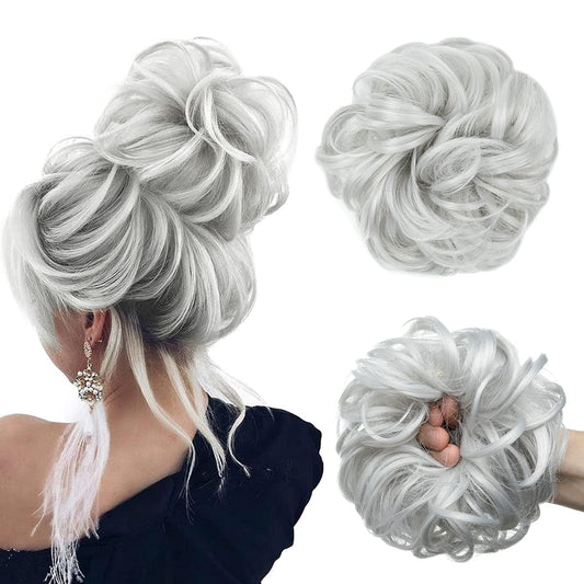 Large Messy Bun Hair Piece Wavy Curly Scrunchies Synthetic Chignon Ponytail Hair Extensions Thick Updo Hairpieces for Women Light Silver Grey - WORLD TIME VISITS