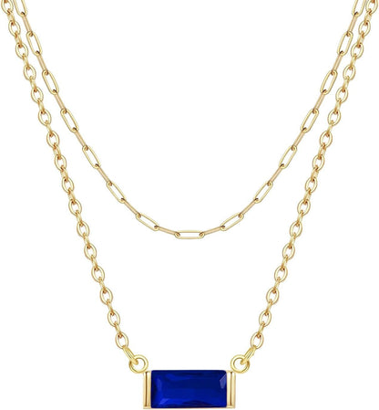 Layered Birthstone Necklace for Women Mothers 14K Gold Charm Necklace Dainty Paperclip Chain Necklace Pink Emerald Red Purple Pendant Necklace Diamond Jewelry Birthday Party Prom Wedding