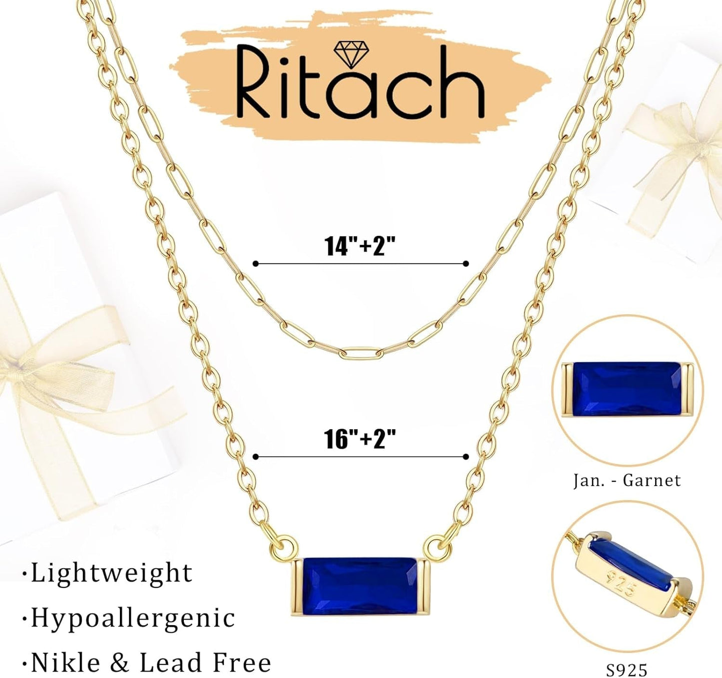 Layered Birthstone Necklace for Women Mothers 14K Gold Charm Necklace Dainty Paperclip Chain Necklace Pink Emerald Red Purple Pendant Necklace Diamond Jewelry Birthday Party Prom Wedding