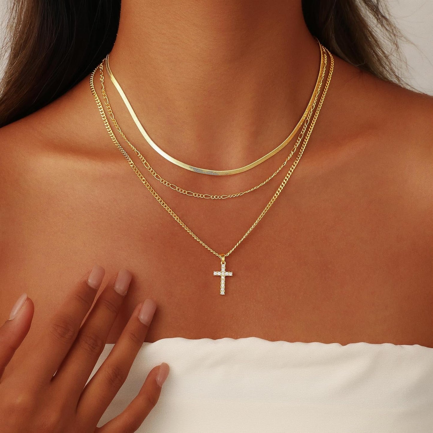 Layered Gold Cross Necklaces for Women, Stack Stackable Chunky 14K Gold Plated Cubic Zirconia Pendant Necklace Set Dainty Choker Layering Faith Jewelry Religious Gifts for Women
