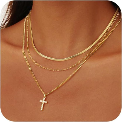Layered Gold Cross Necklaces for Women, Stack Stackable Chunky 14K Gold Plated Cubic Zirconia Pendant Necklace Set Dainty Choker Layering Faith Jewelry Religious Gifts for Women - WORLD TIME VISITS